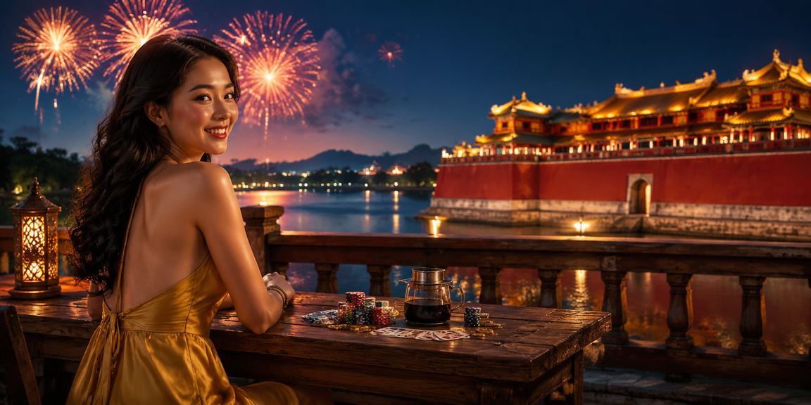 Người chơi bài tại Huế thư giãn với ly cà phê Việt Nam, không khí yên tĩnh và tập trung khi chơi game