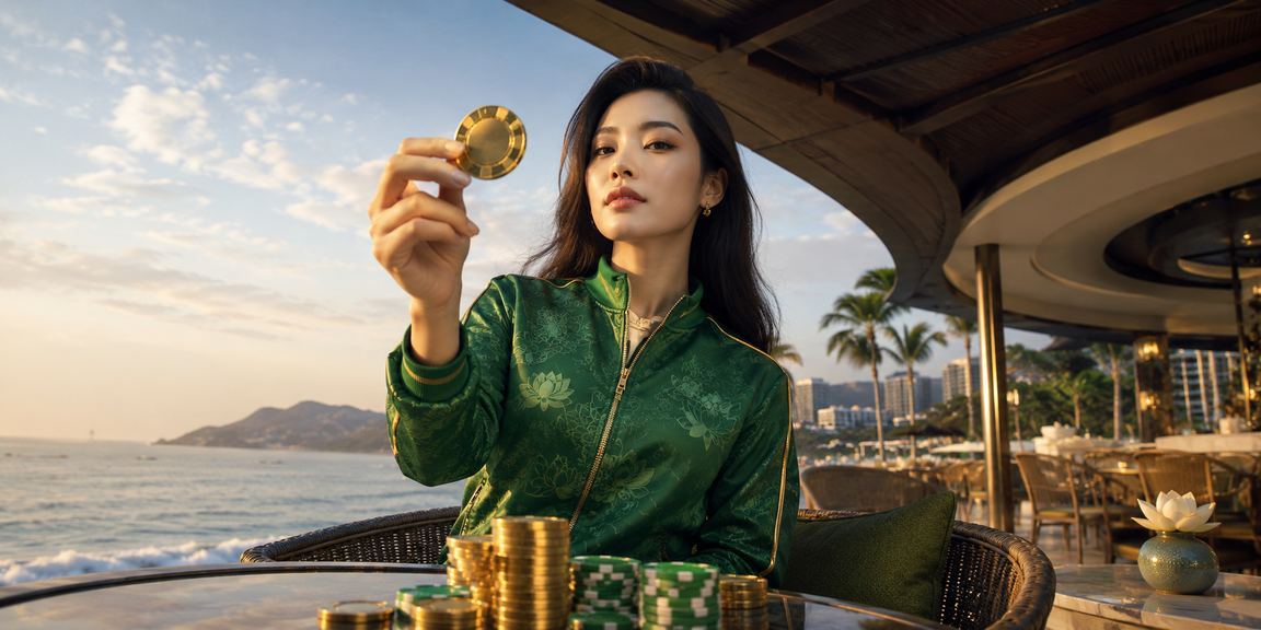 Khung cảnh Vũng Tàu với người chơi xổ số và lottery trực tuyến bên tách cà phê buổi sáng